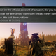 New World characters stare at a message about Amazon forcing workers to pee in bottles in place of an exploding tower.
